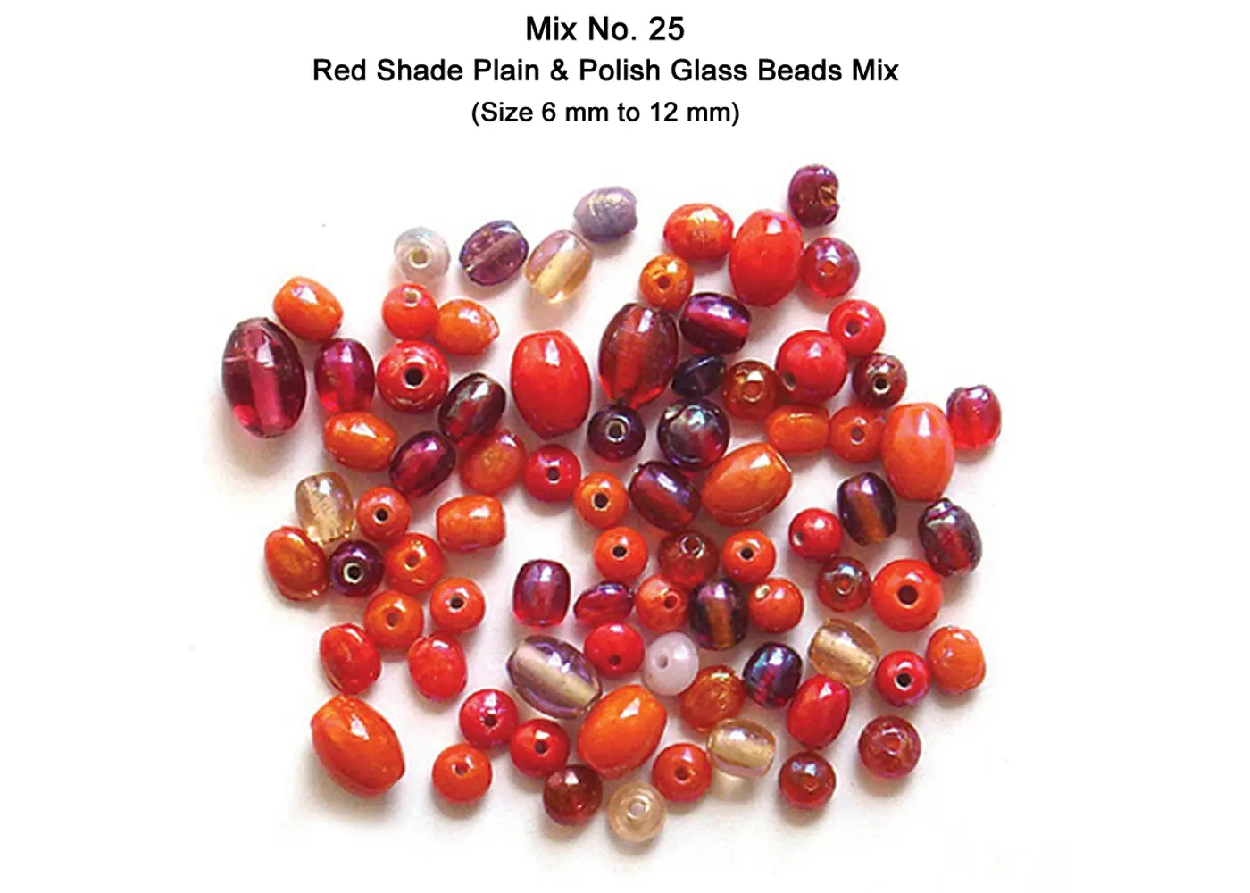Red Color Plain with Polish Glass Beads Mix (Size 6 mm to 12 mm)